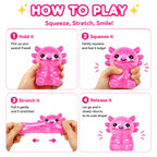Details of glitter-filled pink axolotl fidget toy showing durable BPA-free TPR material and flat base