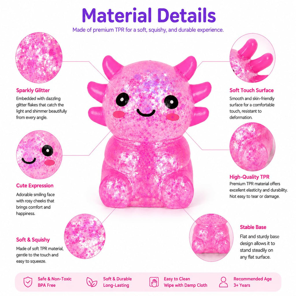 Cute sparkling pink axolotl squishy stress ball toy for anxiety and sensory relief