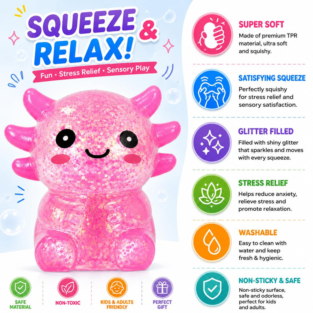 Glitter Axolotl Squishy Stress Ball – Cute Slow-Rising Sensory Fidget Toy