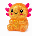 Orange glitter axolotl squishy stress ball with soft TPR material features and sensory fidget benefits