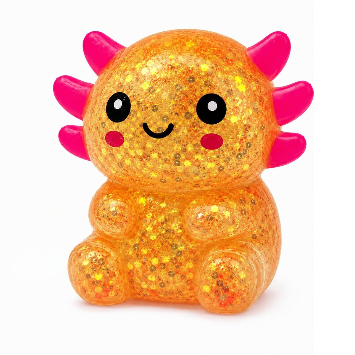 Orange glitter axolotl squishy stress ball with soft TPR material features and sensory fidget benefits