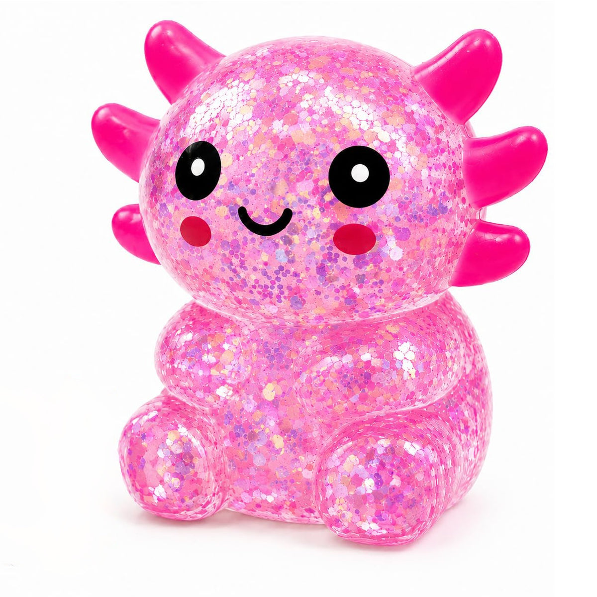 Pink glitter axolotl squishy stress ball with soft TPR material features and sensory fidget benefits