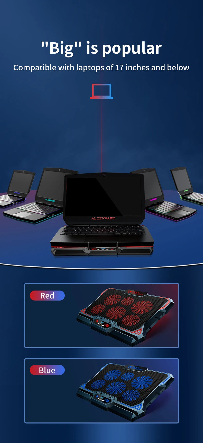 🔥❄️ COOLCOLD 17-Inch Gaming Laptop Cooler – 6 Fans 2600RPM LED Screen