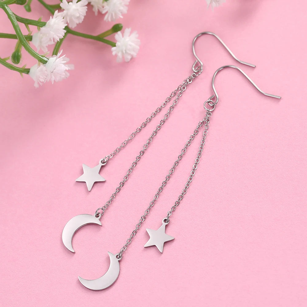 ⭐ Teamer Star Moon Pendant Tassel Earrings ✨ | Stainless Steel Dangle Earrings for Women & Girls 💕 | Korean Trendy Jewelry Valentine’s Day Gift 💝