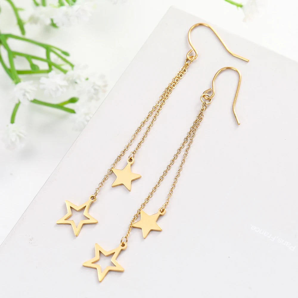 ⭐ Teamer Star Moon Pendant Tassel Earrings ✨ | Stainless Steel Dangle Earrings for Women & Girls 💕 | Korean Trendy Jewelry Valentine’s Day Gift 💝