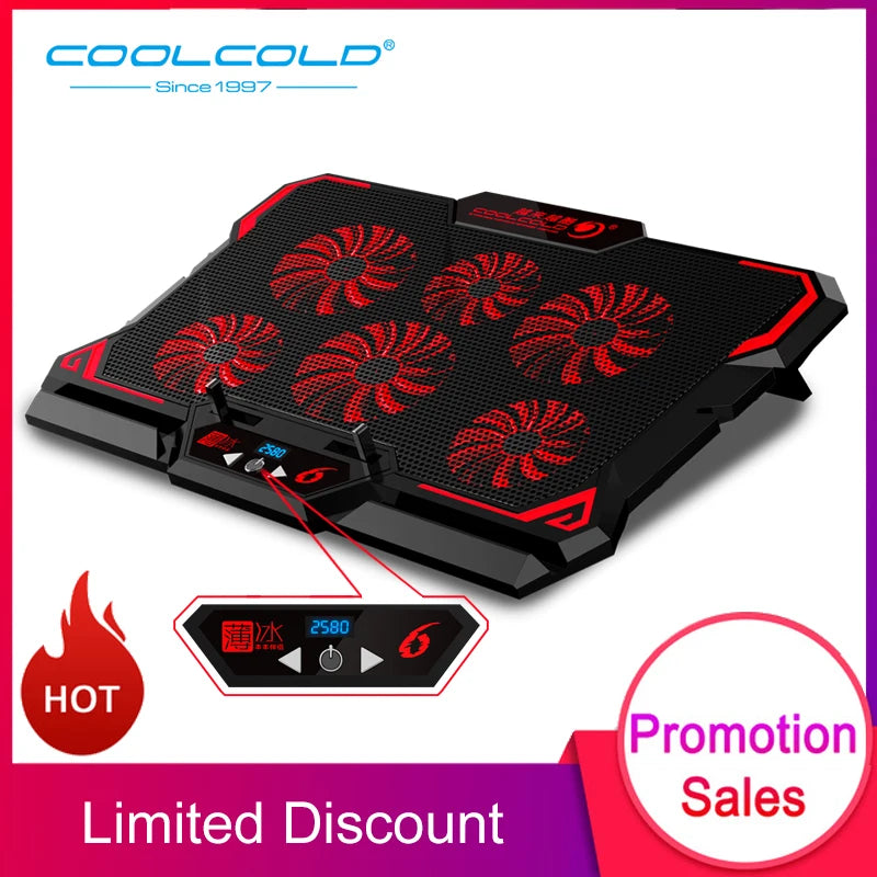 🔥❄️ COOLCOLD 17-Inch Gaming Laptop Cooler – 6 Fans 2600RPM LED Screen
