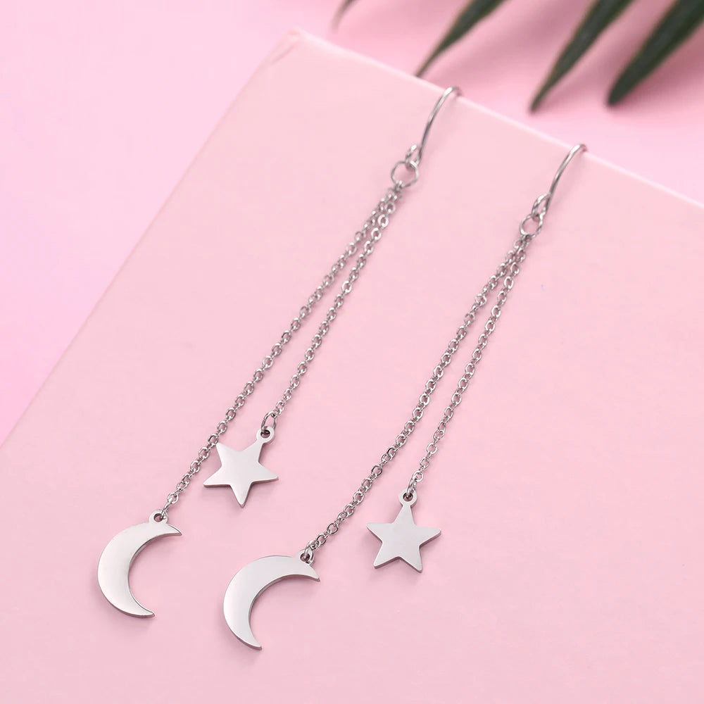 ⭐ Teamer Star Moon Pendant Tassel Earrings ✨ | Stainless Steel Dangle Earrings for Women & Girls 💕 | Korean Trendy Jewelry Valentine’s Day Gift 💝