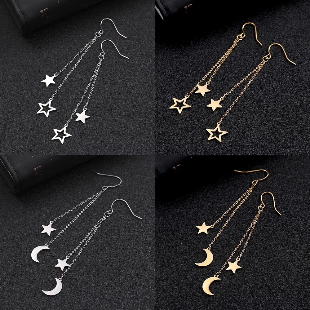 ⭐ Teamer Star Moon Pendant Tassel Earrings ✨ | Stainless Steel Dangle Earrings for Women & Girls 💕 | Korean Trendy Jewelry Valentine’s Day Gift 💝