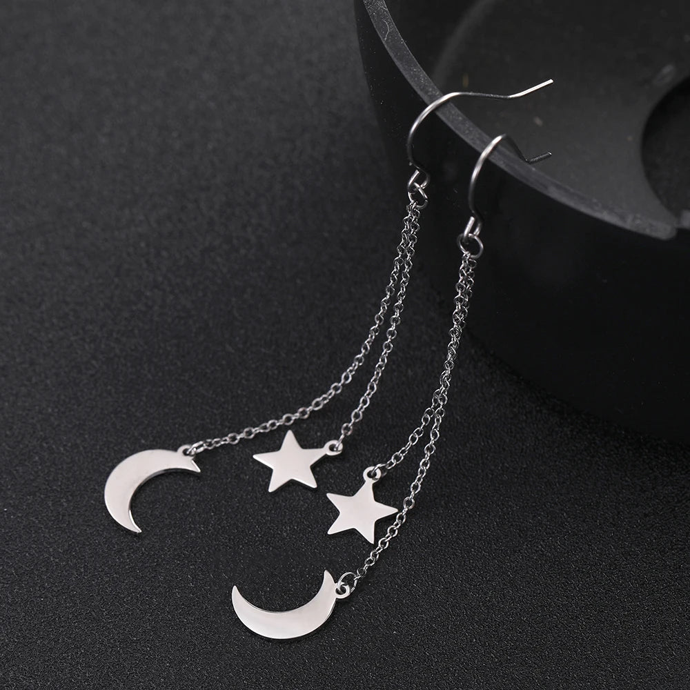 ⭐ Teamer Star Moon Pendant Tassel Earrings ✨ | Stainless Steel Dangle Earrings for Women & Girls 💕 | Korean Trendy Jewelry Valentine’s Day Gift 💝