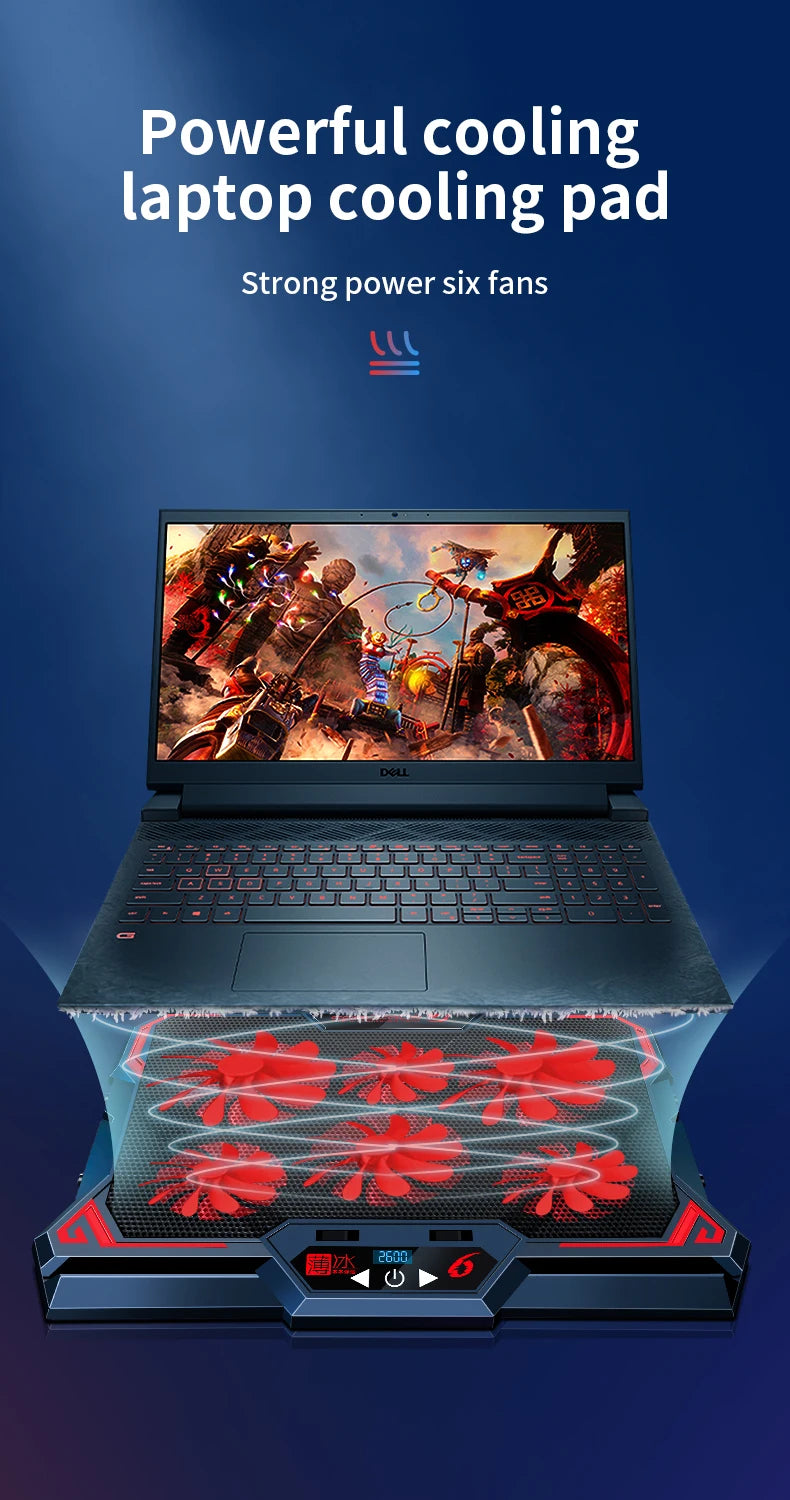 🔥❄️ COOLCOLD 17-Inch Gaming Laptop Cooler – 6 Fans 2600RPM LED Screen