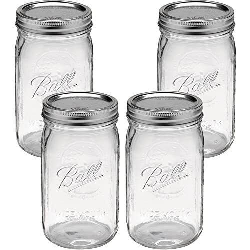 Wide Mouth Mason Jars 32 ounces with Airtight Lids & Bands | 4-Pack