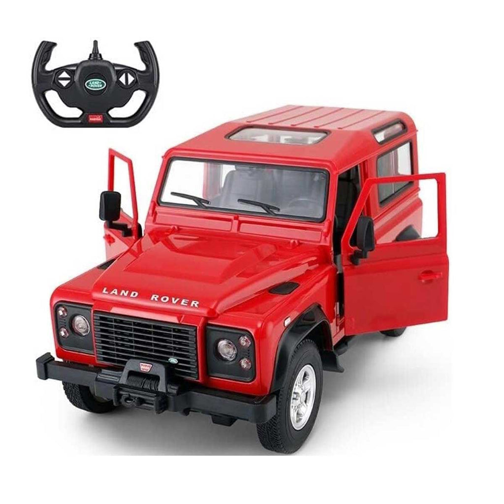 Red Land Rover model car with open doors and a steering wheel on a white background