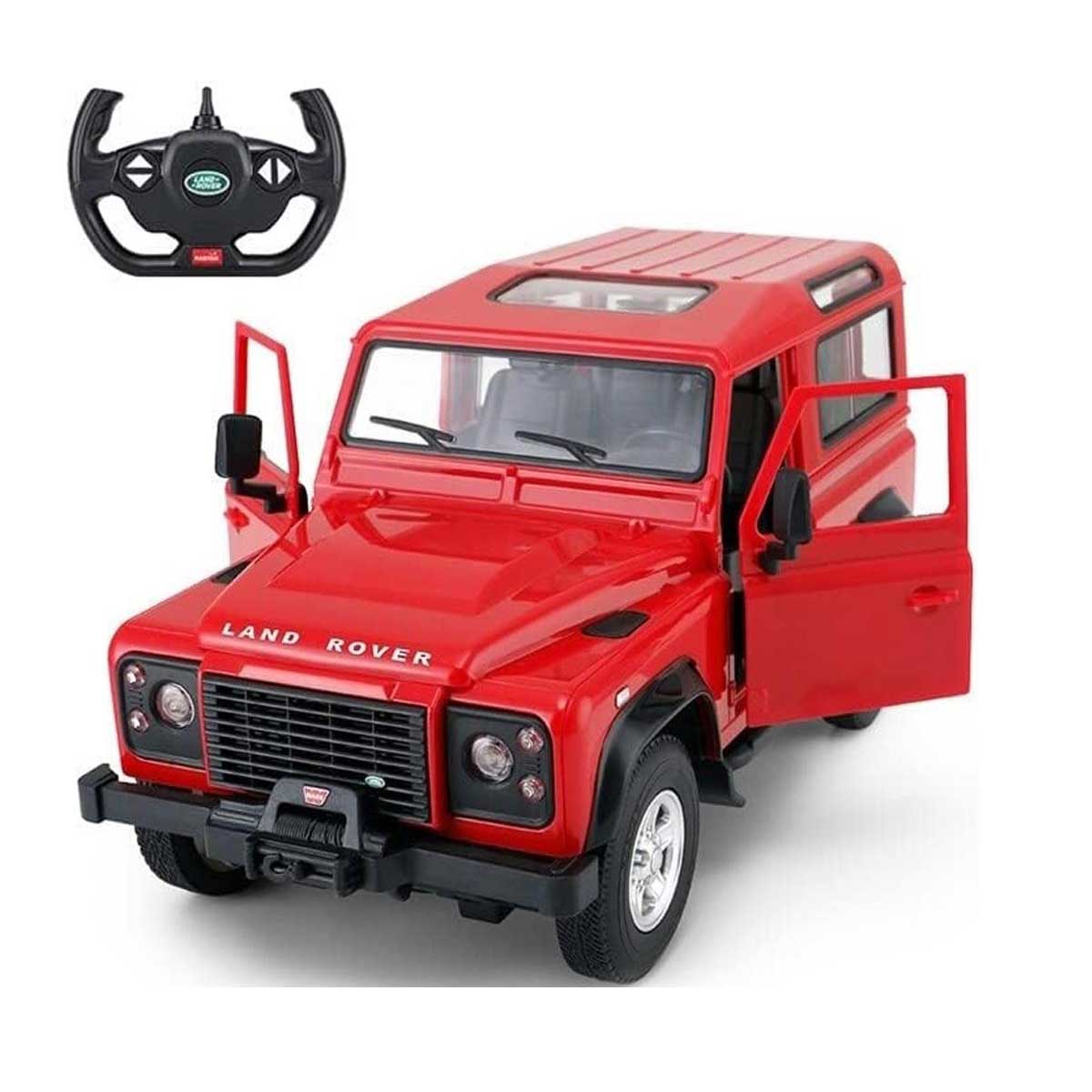 Red Land Rover model car with open doors and a steering wheel on a white background