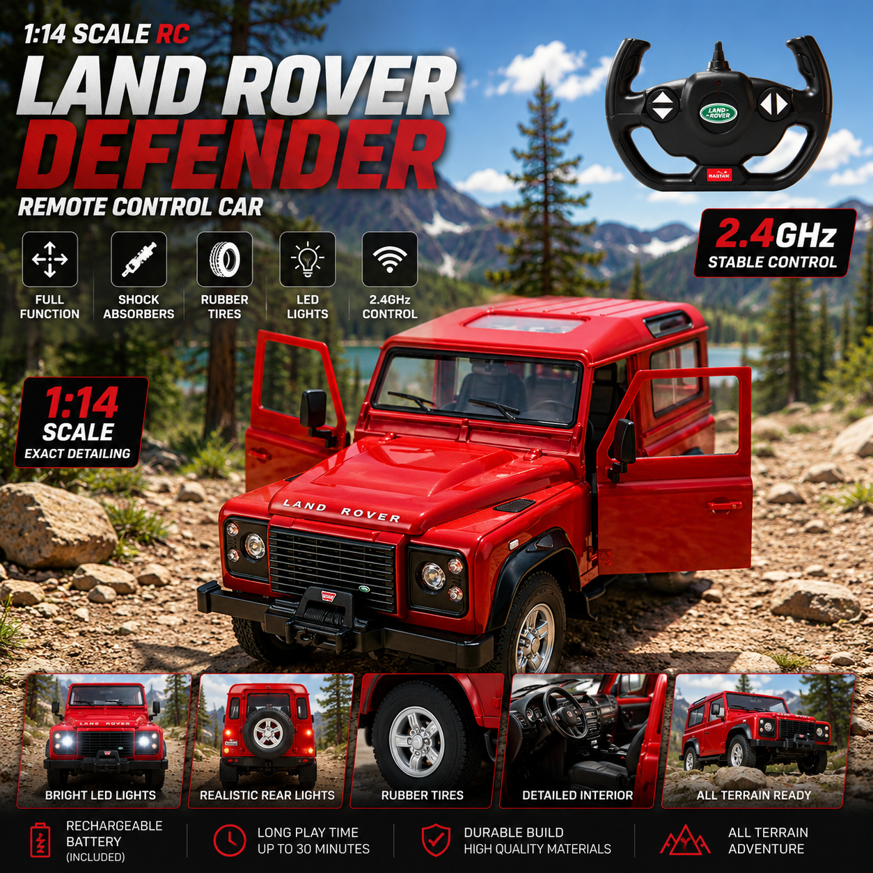 Realistic Land Rover Defender remote control SUV in red finish