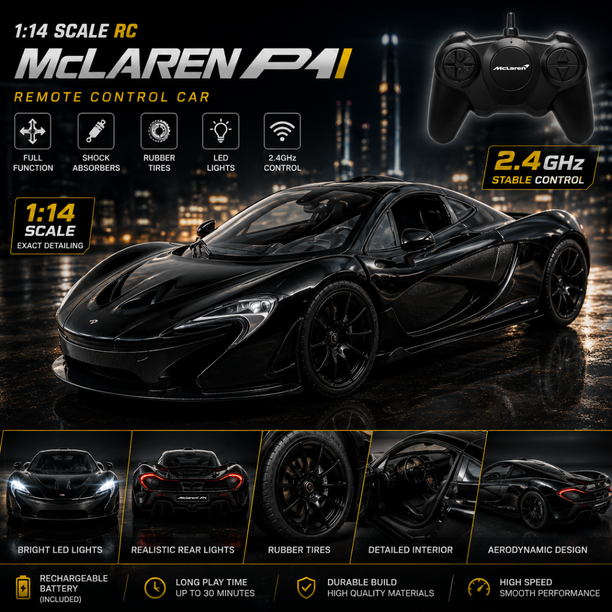 Realistic McLaren P1 remote control supercar in black finish