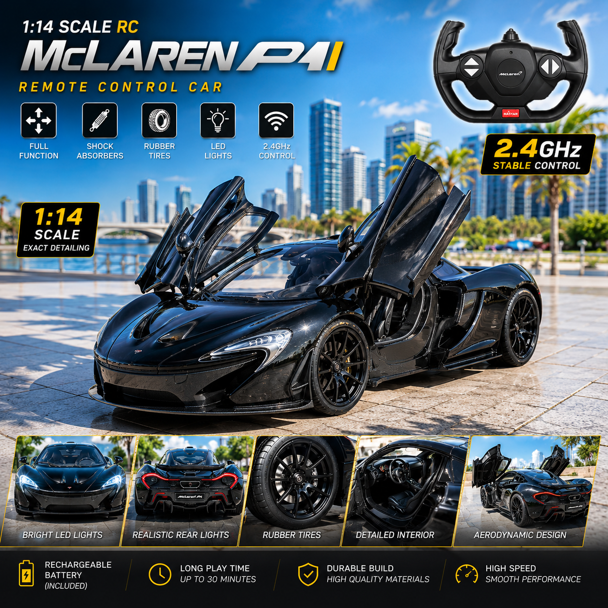 Black 1:14 RC McLaren P1 sports car with LED lights and open doors