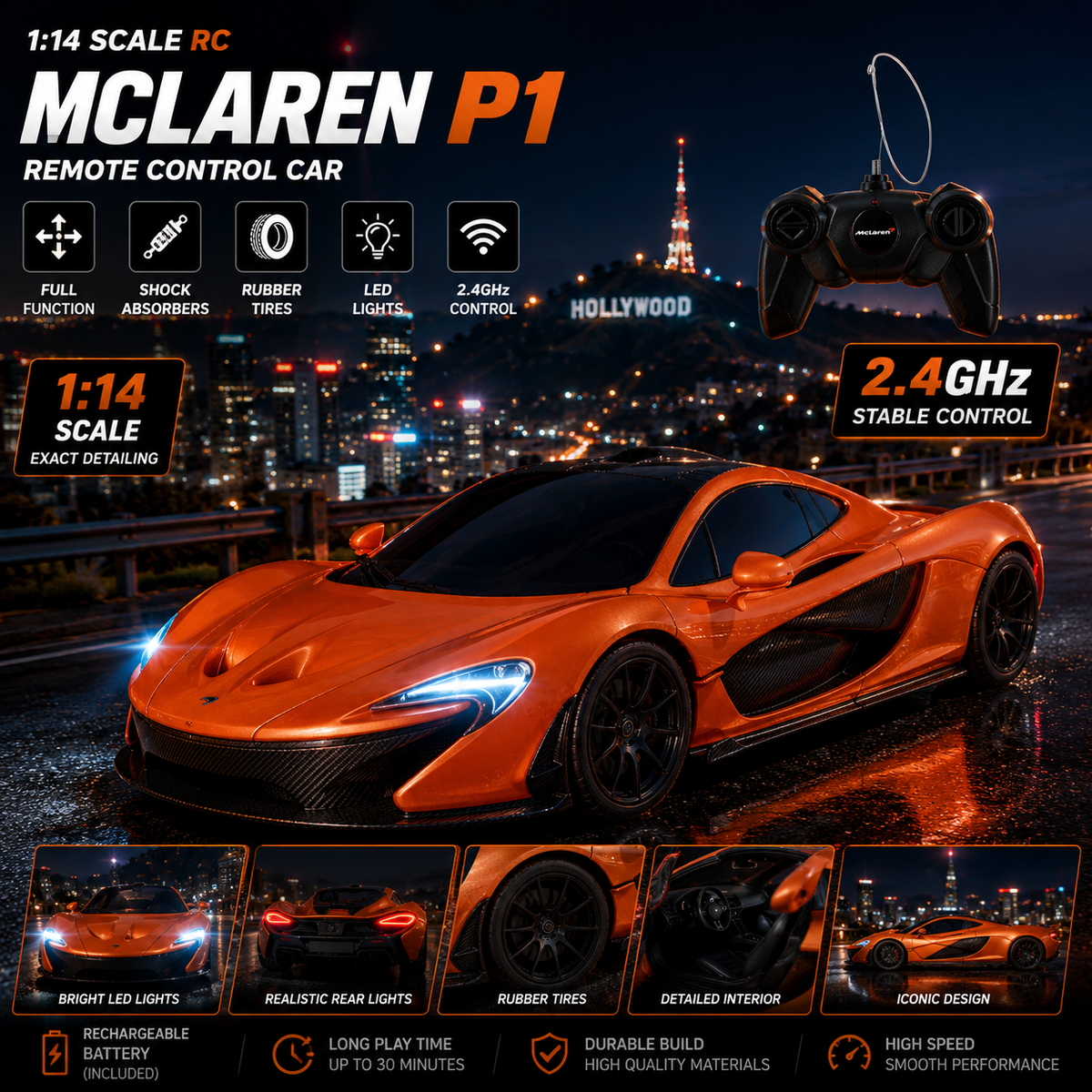 Orange 1:24 RC McLaren P1 remote control sports car