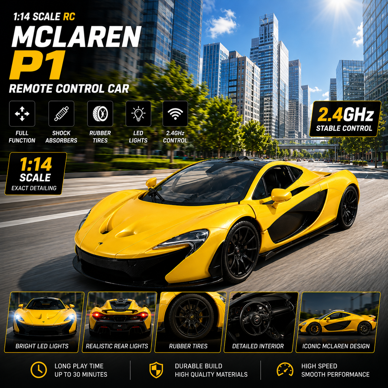 Realistic McLaren P1 remote control supercar in yellow finish