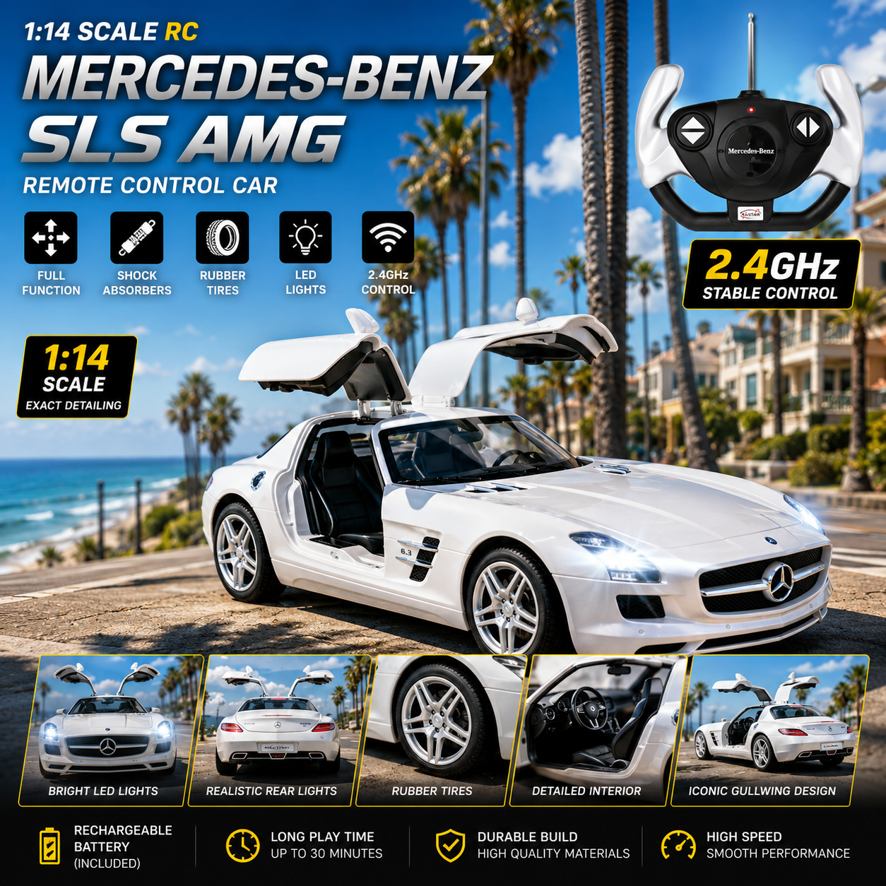 White 1:14 RC Mercedes Benz SLS sports car with LED lights and open doors