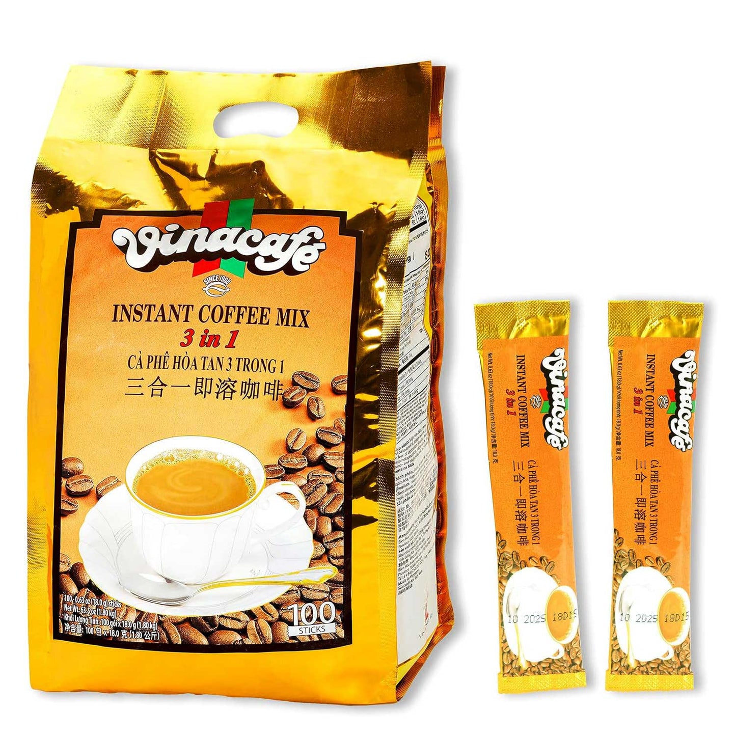 Vinacafe Vietnamese Instant Coffee 3-in-1 Mix – 100 Sticks (0.63oz Each), Smooth Medium Roast, Premium Milk Coffee Blend for Home, Office & Travel ☕❄️🚀