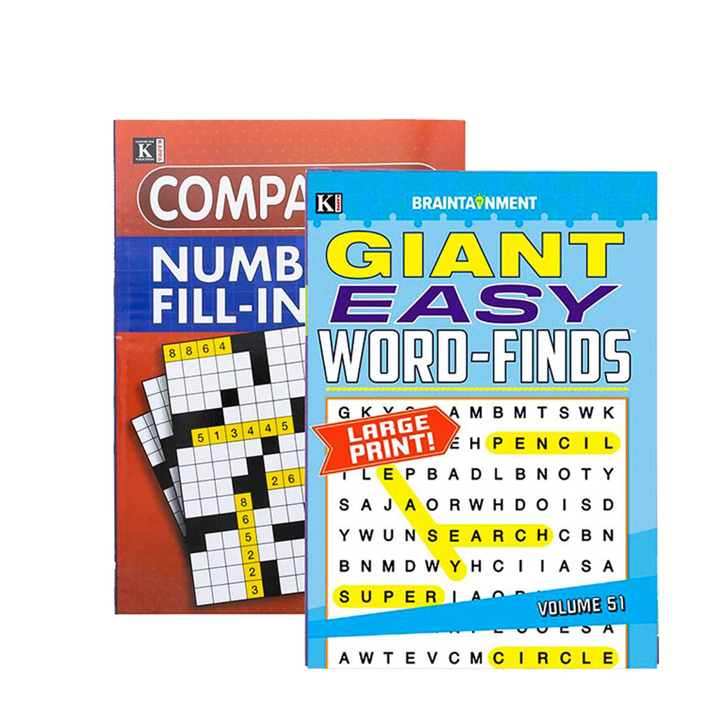Two puzzle books titled 'Number Fill-In' and 'Giant Easy Word-Finds' on a white background.