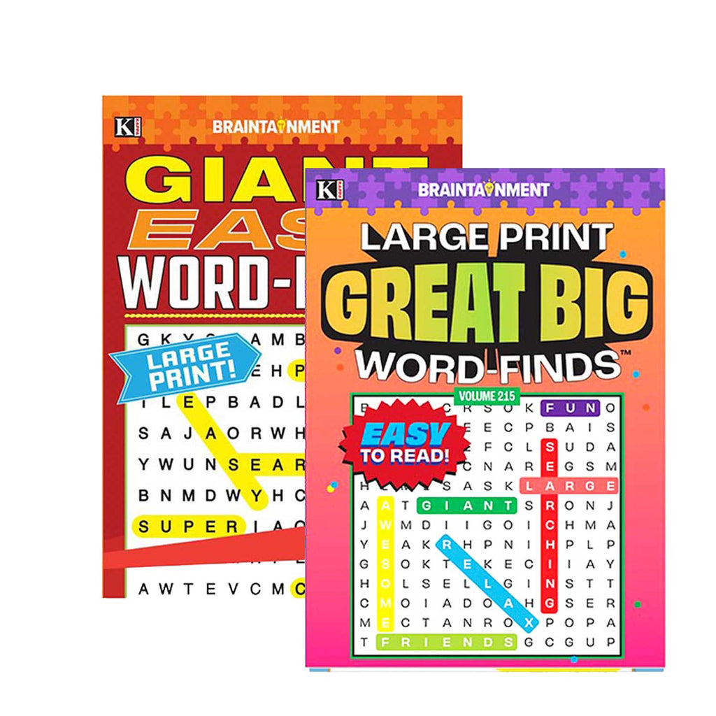 Two books titled 'Giant Easy Word Finds' and 'Large Print Great Big Word Finds' on a white background.