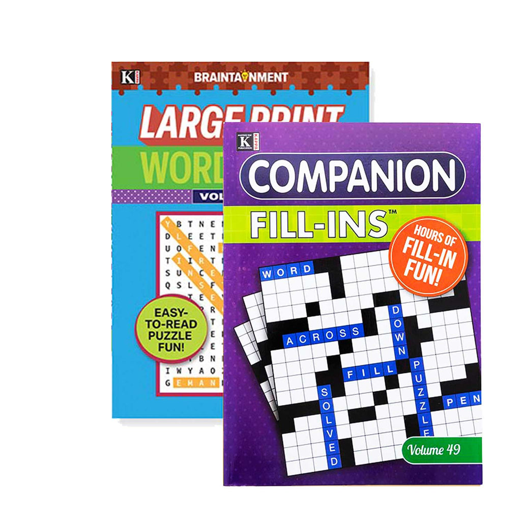 Two books on puzzle books with crossword and word search designs on a white background