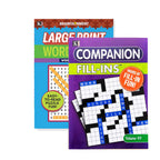 Two books on puzzle books with crossword and word search designs on a white background