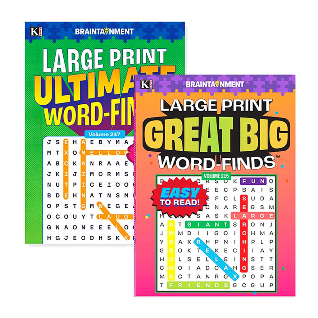 Two books titled 'Large Print Ultimate Word-Finds' and 'Large Print Great Big Word-Finds' on a white background.