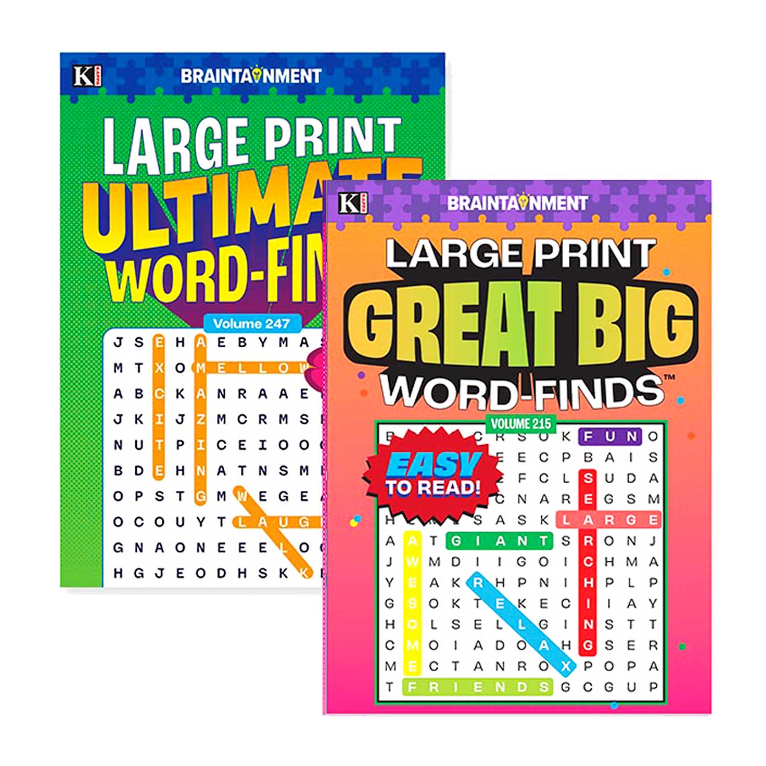 Two books titled 'Large Print Ultimate Word-Finds' and 'Large Print Great Big Word-Finds' on a white background.