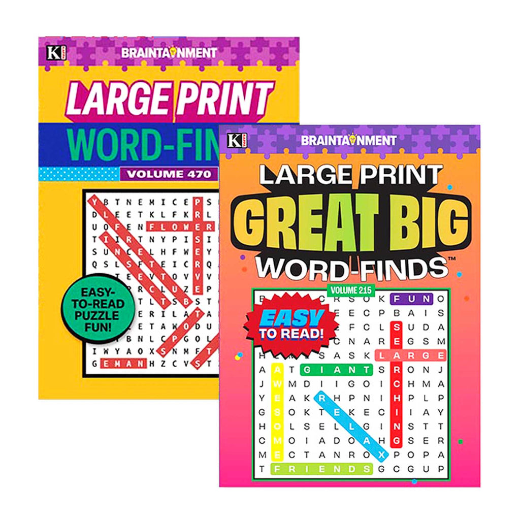 Two large print word-find books with colorful covers on a white background