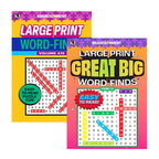 Two large print word-find books with colorful covers on a white background