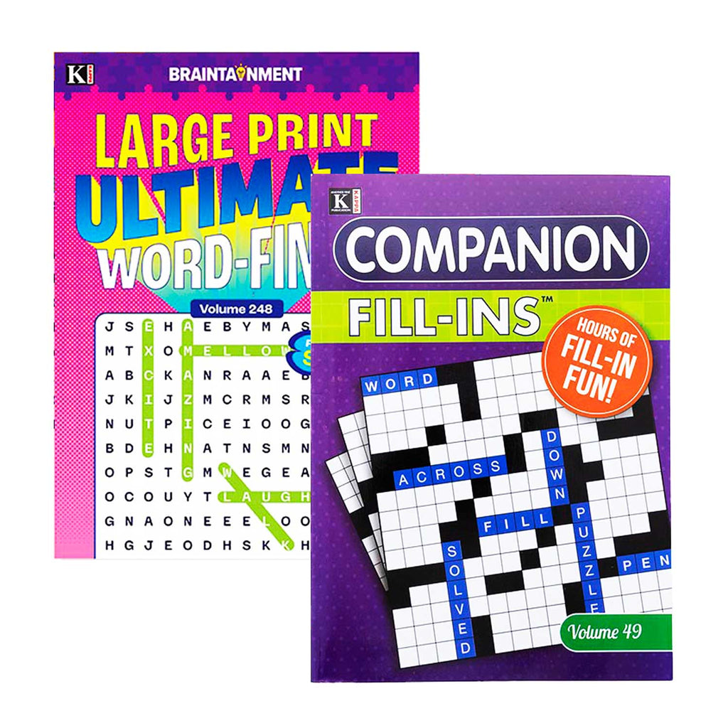Two books on a white background, one titled 'Large Print Ultimate Word Find' and the other 'Companion Fill-Ins'.