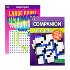 Two books on a white background, one titled 'Large Print Ultimate Word Find' and the other 'Companion Fill-Ins'.