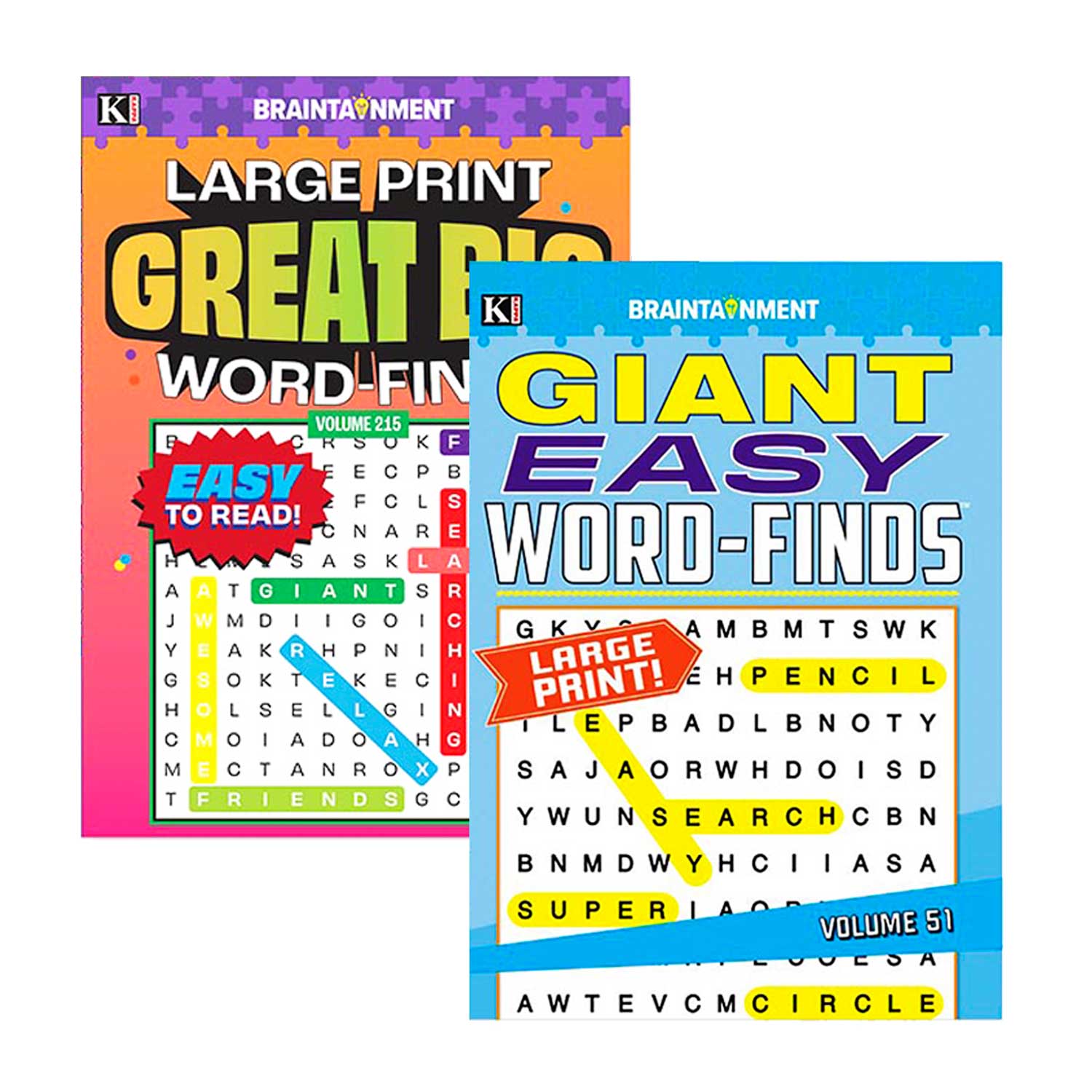 Two books titled 'Giant Easy Word-Finds' with colorful covers on a white background.