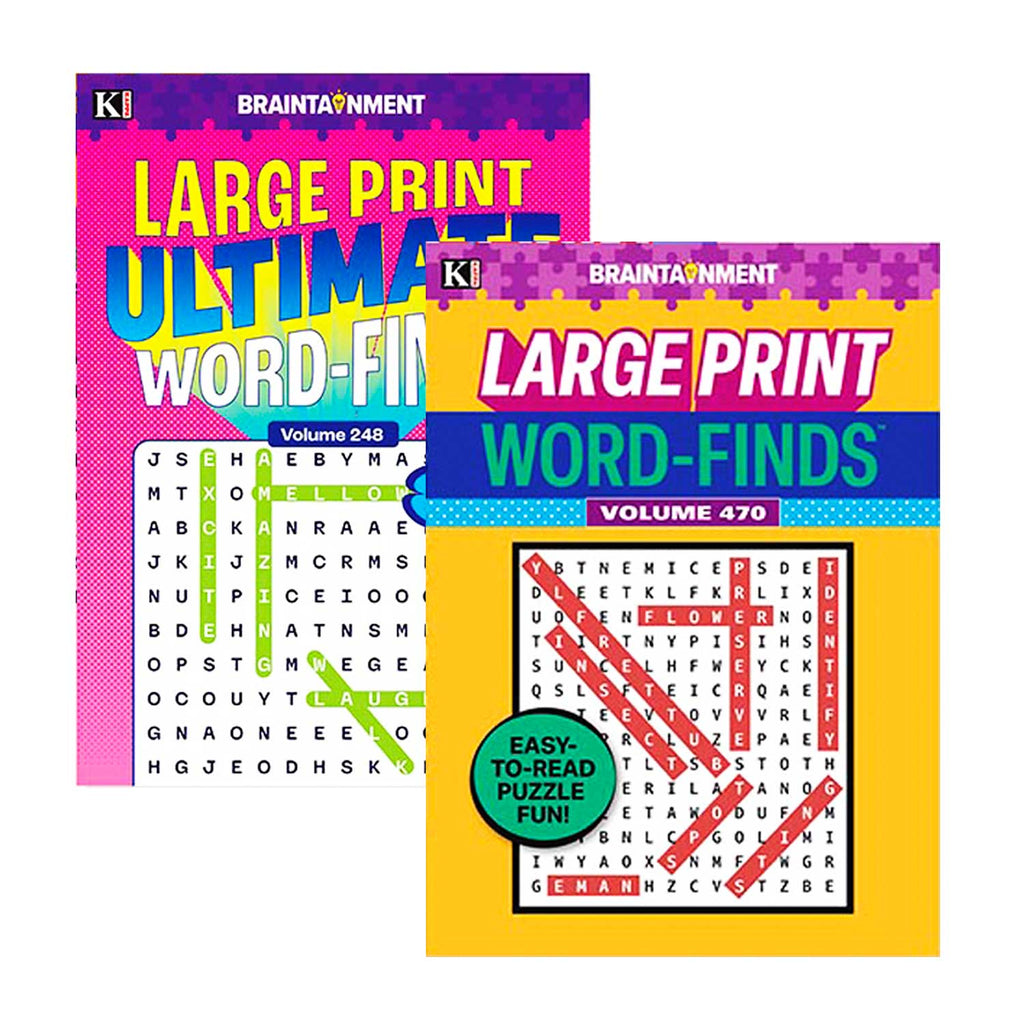 Two books titled 'Large Print Ultimate Word-Fill' and 'Large Print Word-Finds' on a white background.
