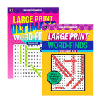 Two books titled 'Large Print Ultimate Word-Fill' and 'Large Print Word-Finds' on a white background.