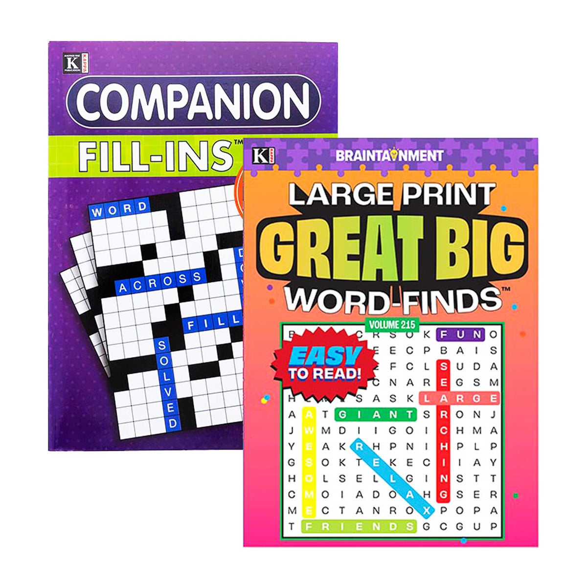 Two books on a white background, one titled 'Companion Fill-Ins' and the other 'Large Print Great Big Word Finds'.