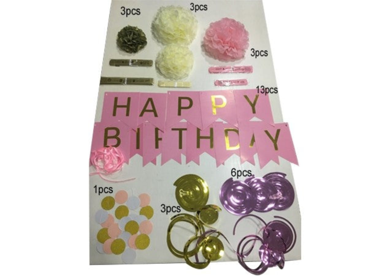 Pink birthday party paper decorations set for girls celebration