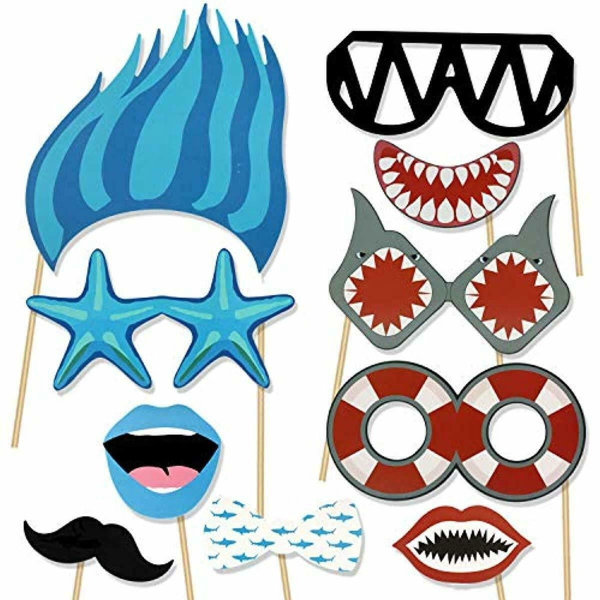 Ocean themed party selfie props with cute cartoon shark designs