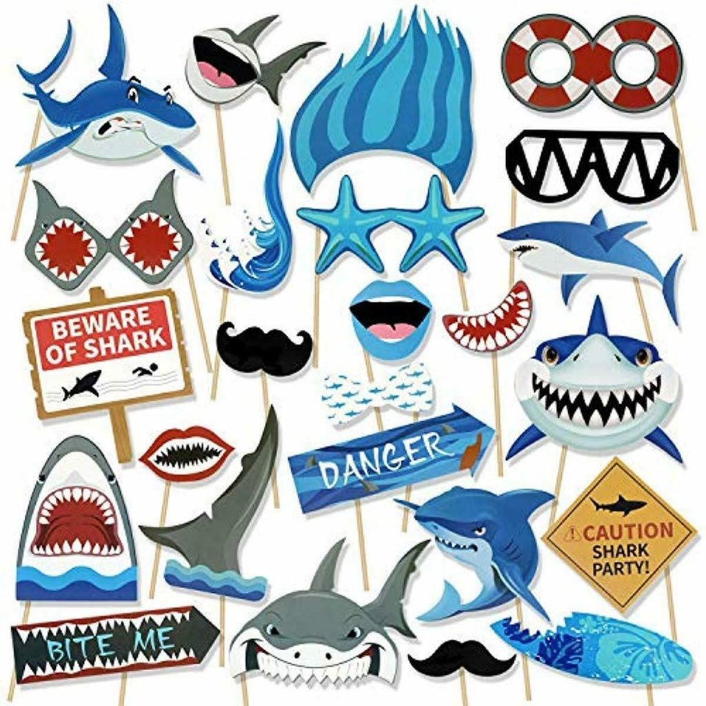 Shark theme photo booth prop set for kids birthday party celebration
