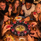 Group of friends around a roulette table with drinks at a party.