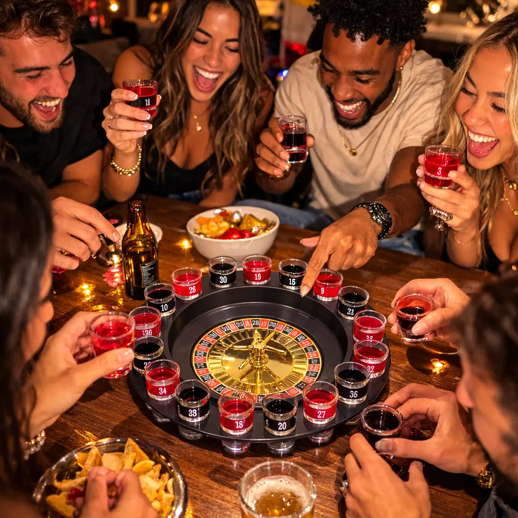 Group of friends around a roulette table with drinks at a party.