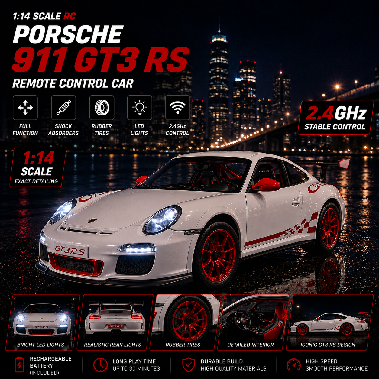 Realistic Porsche GT3 RC racing car in white finish