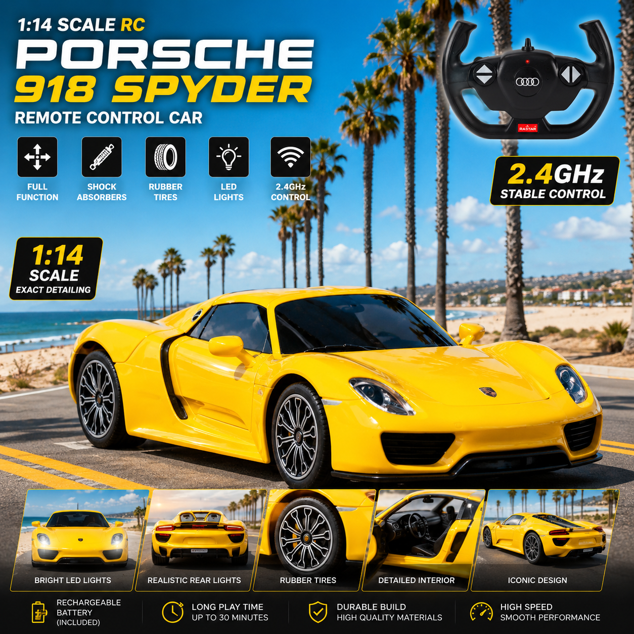 Yellow 1:24 RC Porsche 918 Spyder remote control sports car