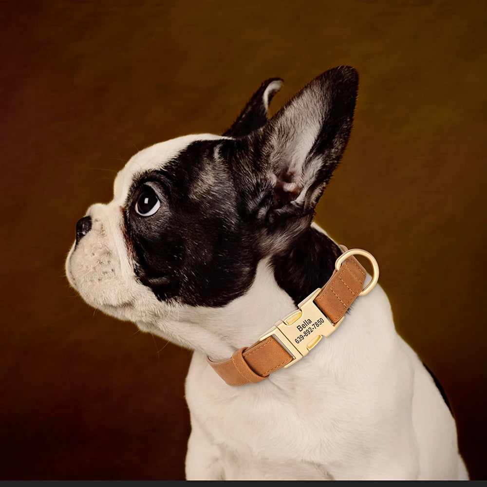 PU Leather Dog Collar with Free Custom Engraved Nameplate, Adjustable Anti‑Lost Buckle Collar for All Dog Sizes