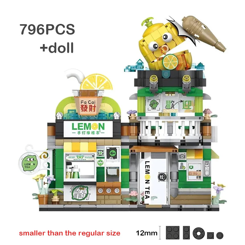 🍋🍜 Creative Mini Building Blocks – Snack Bar, Sea Fish Food House & Lemon Tea Shop DIY Puzzle Toy for Kids & Girls