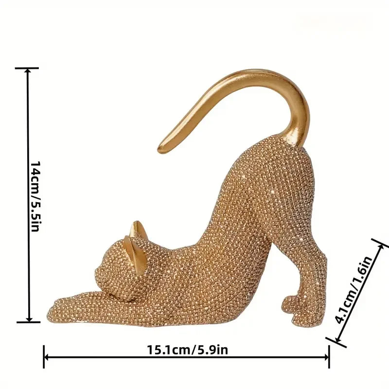 🐱✨ Lazy Cat Stretching Resin Figurine 💎 | Sparkling Crystal Desk Ornament 🏡 | Creative Cat Statue Home Decoration Gift for Cat Lovers 🎁