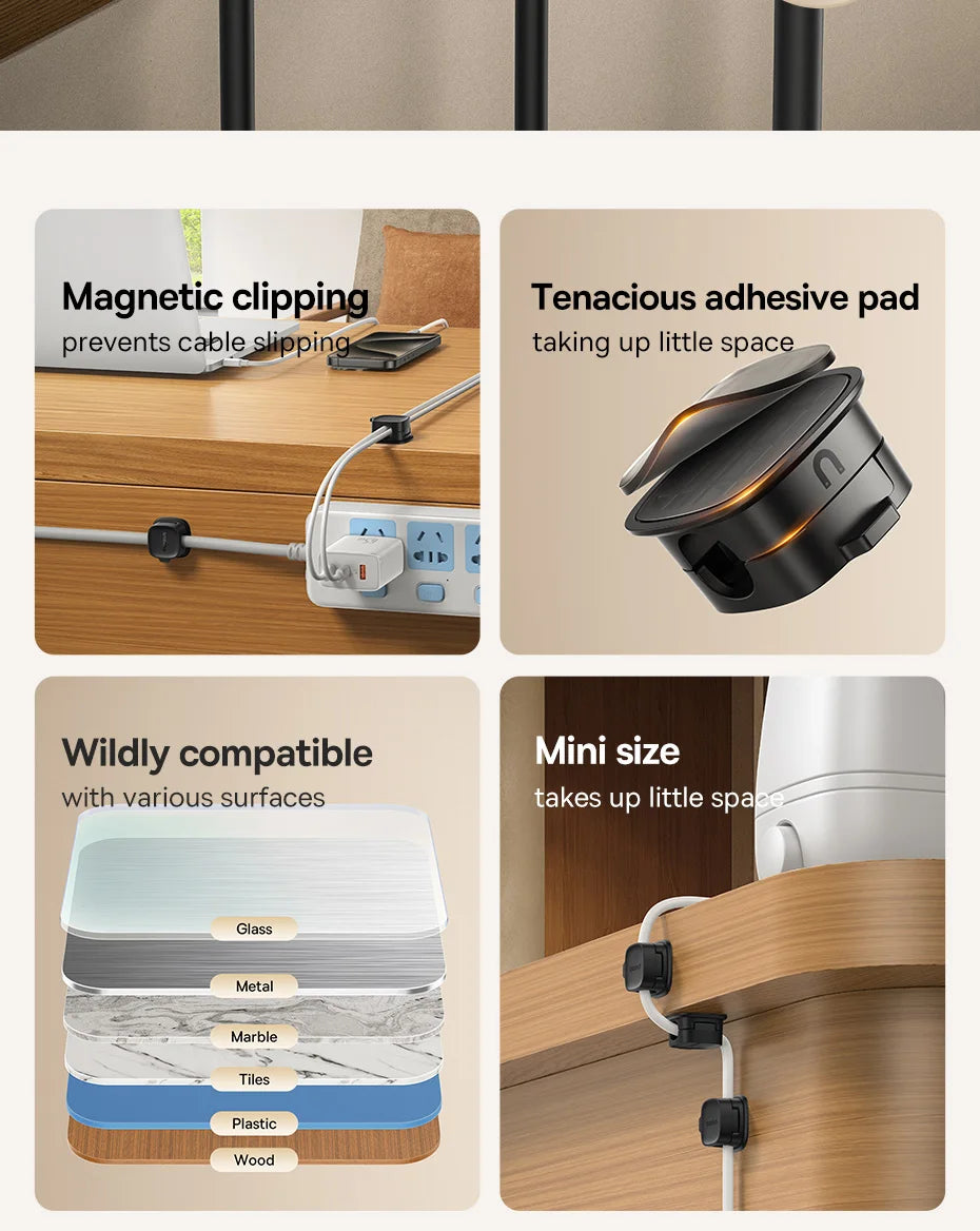 🧲🔌 Baseus Magnetic Cable Organizer Holder – Adjustable Under Desk Clip