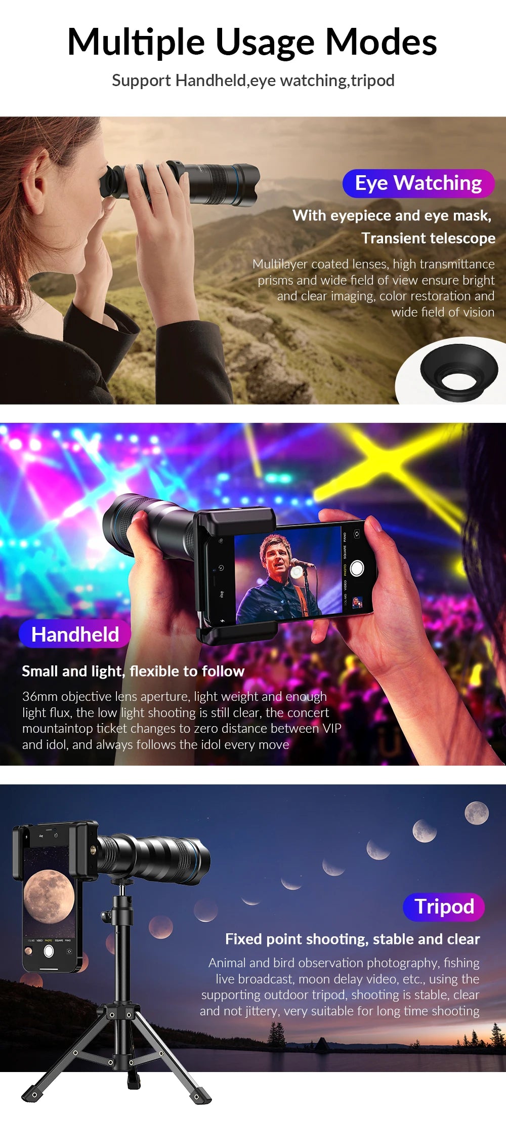 🔭📱 APEXEL 36X Metal Telephoto Zoom Lens with Tripod